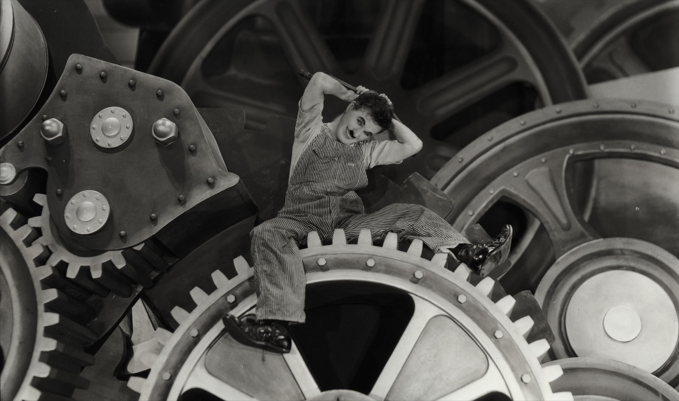 The silent film "Modern Times" has a wonderful performance by Chaplin