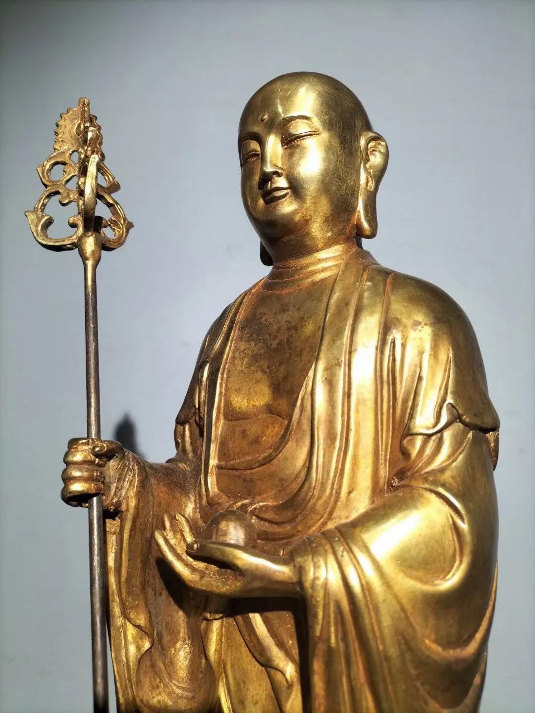 Old Tibetan pure copper gilt Buddha statue Ksitigarbha Bodhisattva - iNEWS