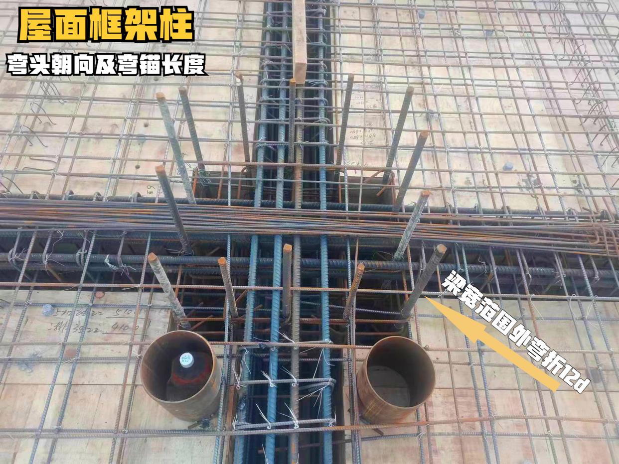 Where does the roof frame column steel bar bend anchor bend face and