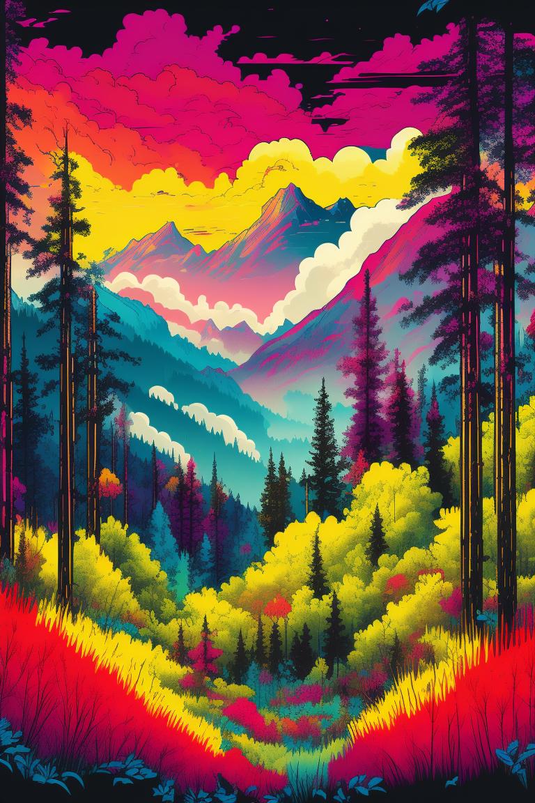 Colorful forests, trees and mountains in the wilderness - AI painting ...