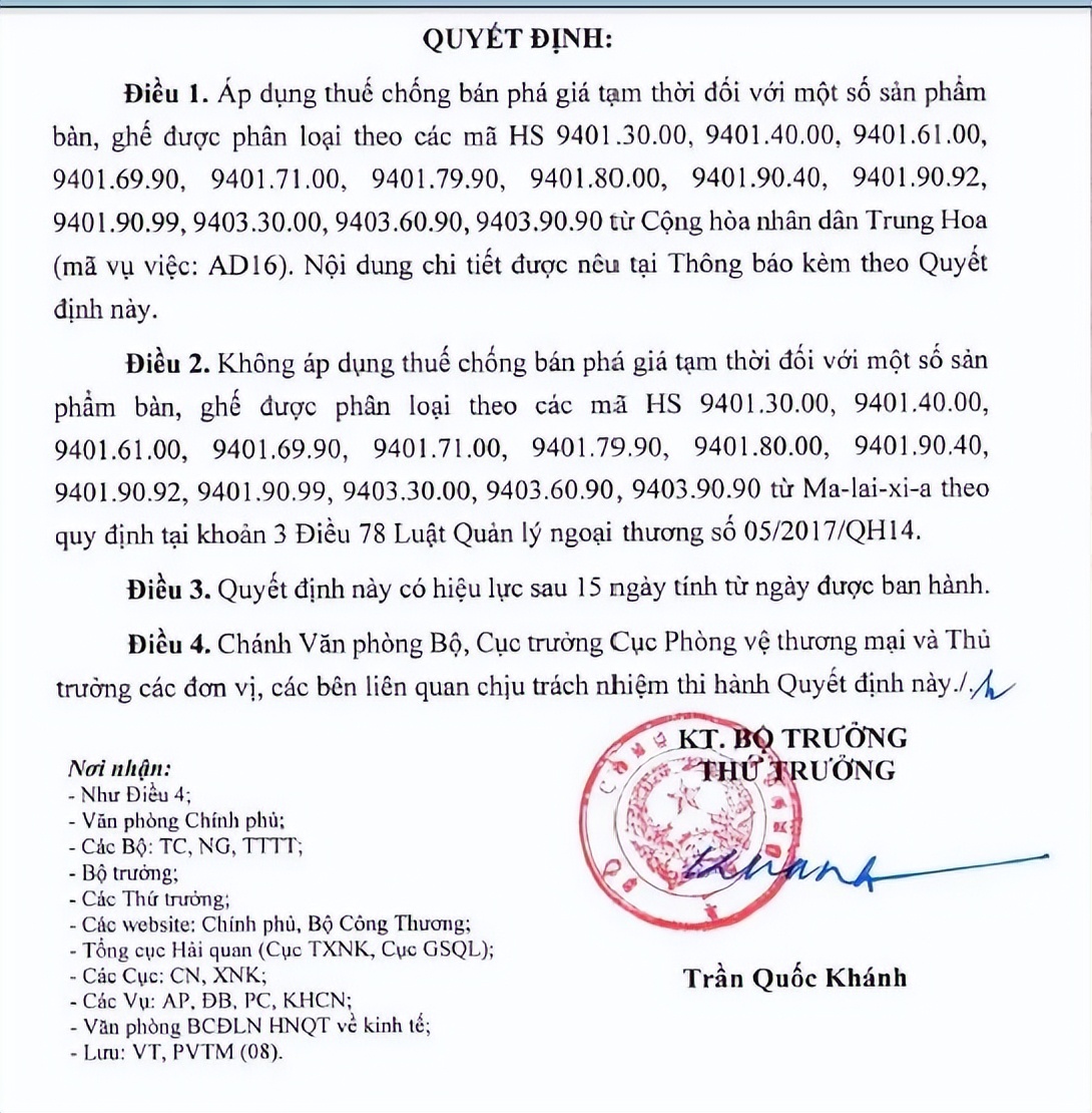 Vietnam imposes antidumping duties on Chinese furniture, with an