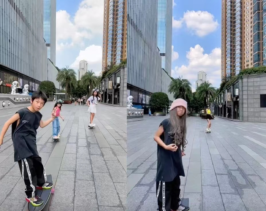 Jiang Lisha posted a picture of a family of six playing skateboards ...