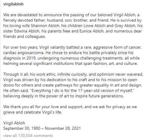 Louis Vuitton artistic director Virgil Abloh dies of rare heart cancer at  41 – Daily News