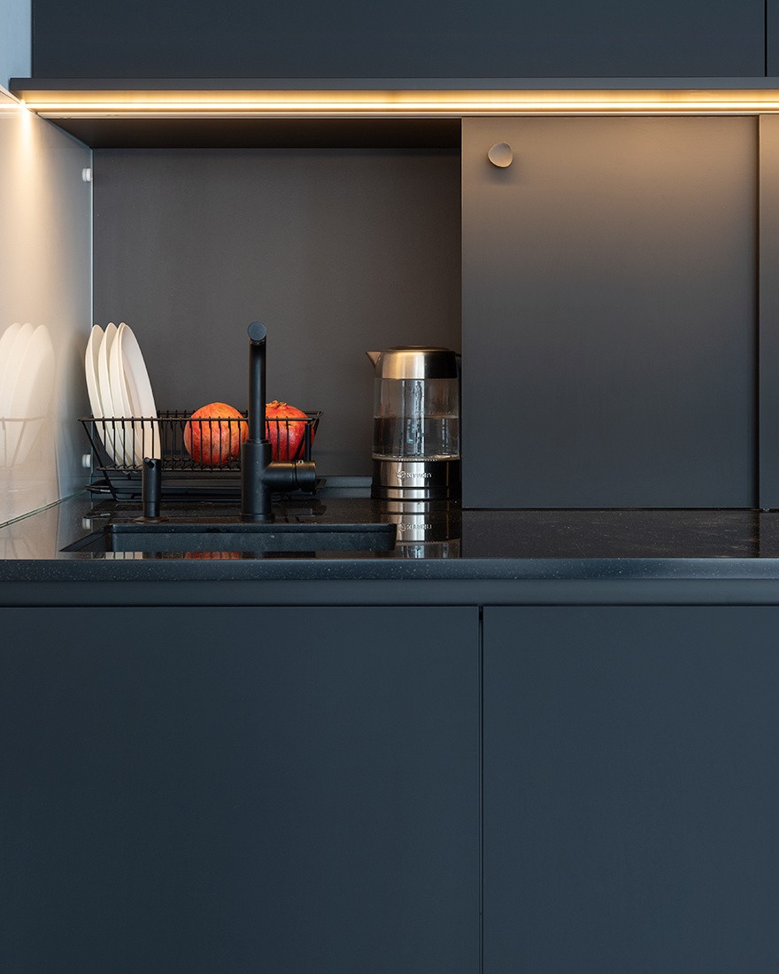 Image showcasing 50㎡ one-bedroom small apartment, dark cabinets and deep wood grain ...
