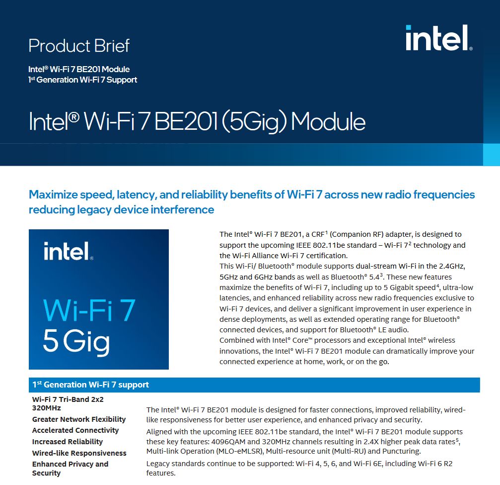 英特爾公布Wi-Fi 7 BE201網卡，支持CNVio3接口 - 資訊咖
