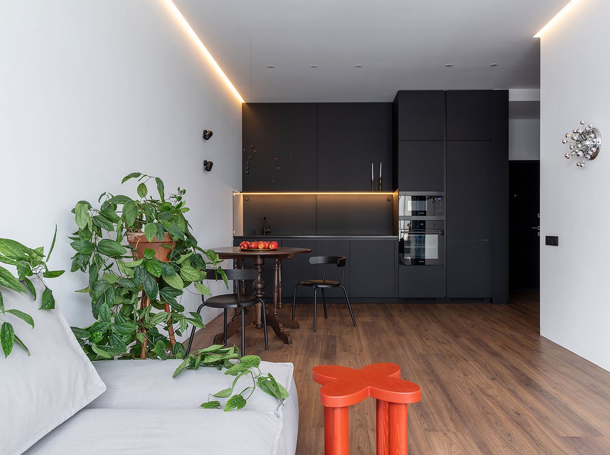 50㎡ one-bedroom small apartment, dark cabinets and deep wood grain ...