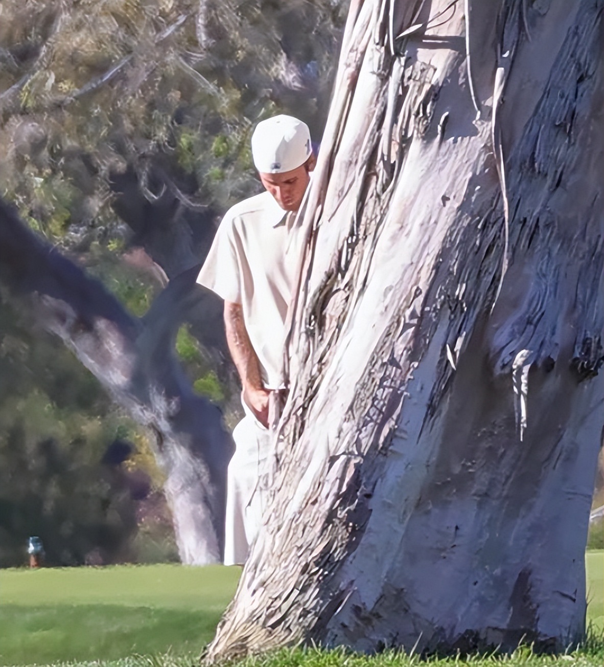 Justin Bieber was filmed peeing under a tree!Bowing his head to unzip ...