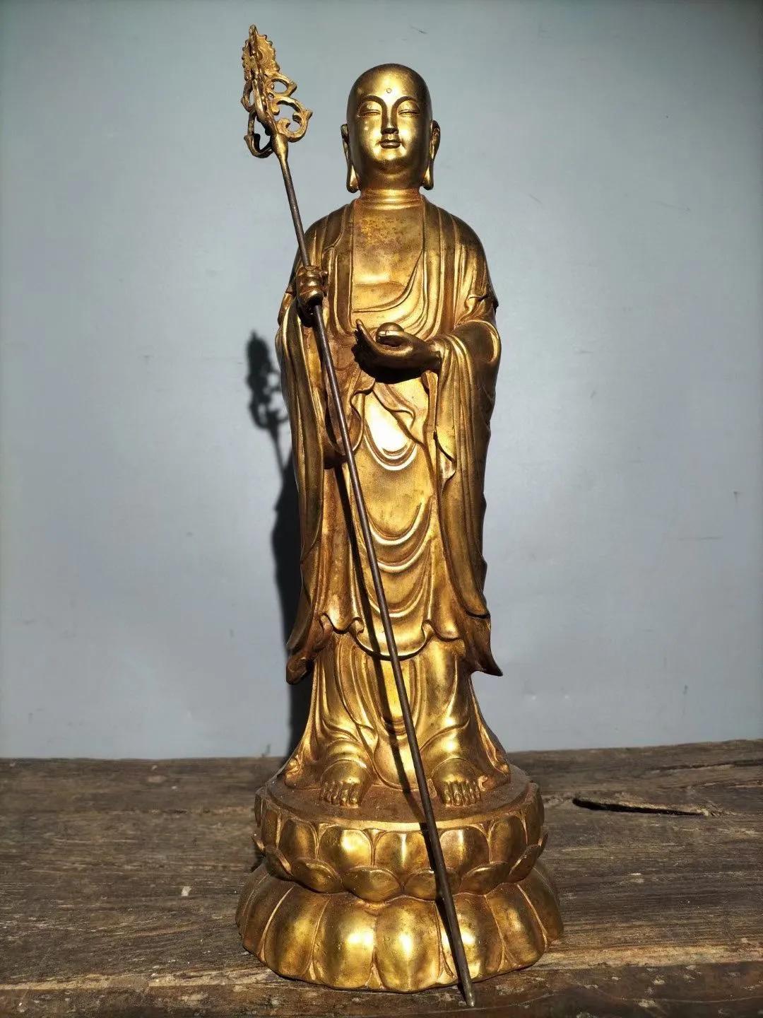 Old Tibetan Pure Copper Gilt Buddha Statue Ksitigarbha Bodhisattva Inews 2755