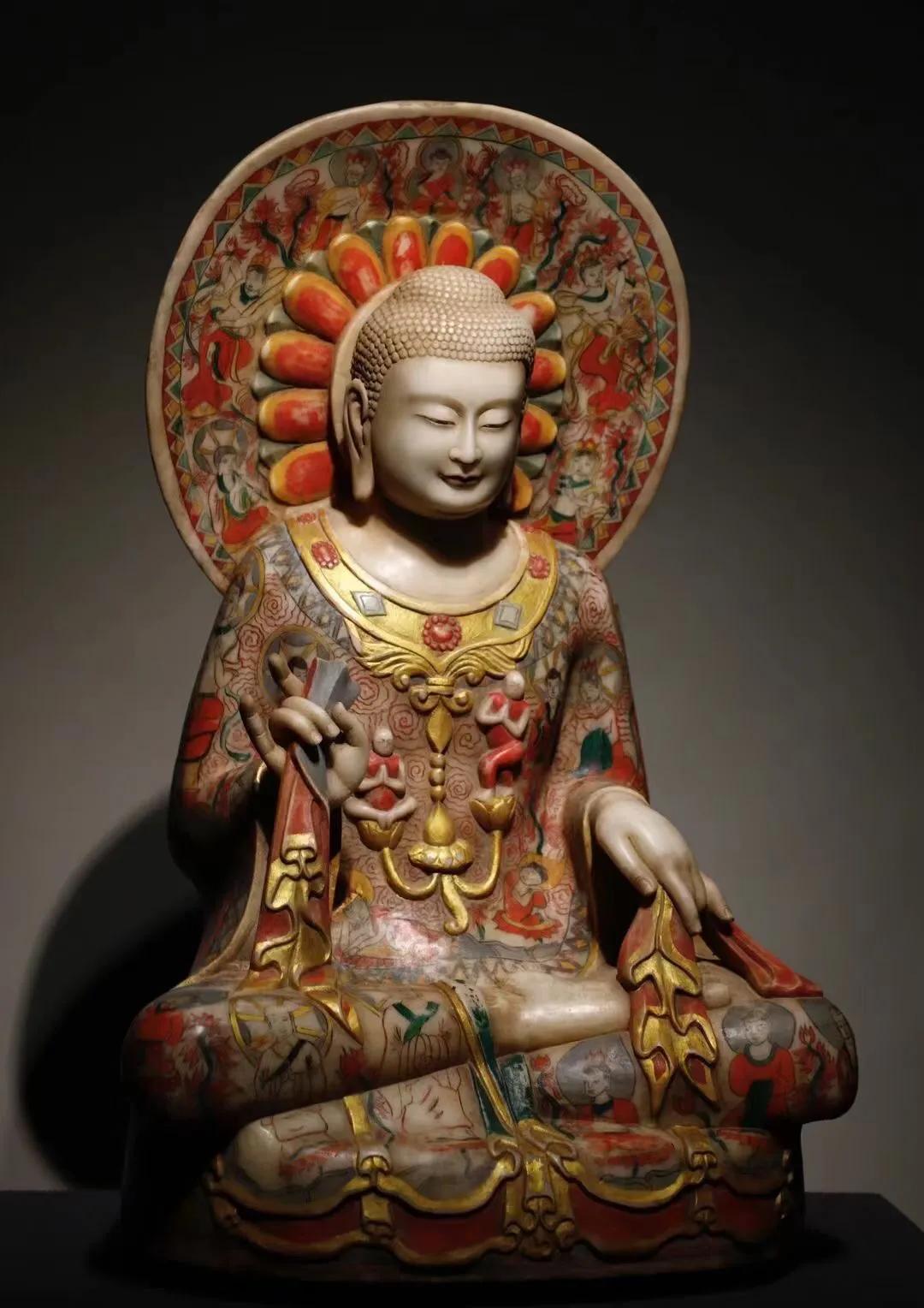 唐 漢白玉彩繪 佛像滿彩繪佛像,法相莊嚴高78cm 寬50cm 厚40cm - 頭條匯