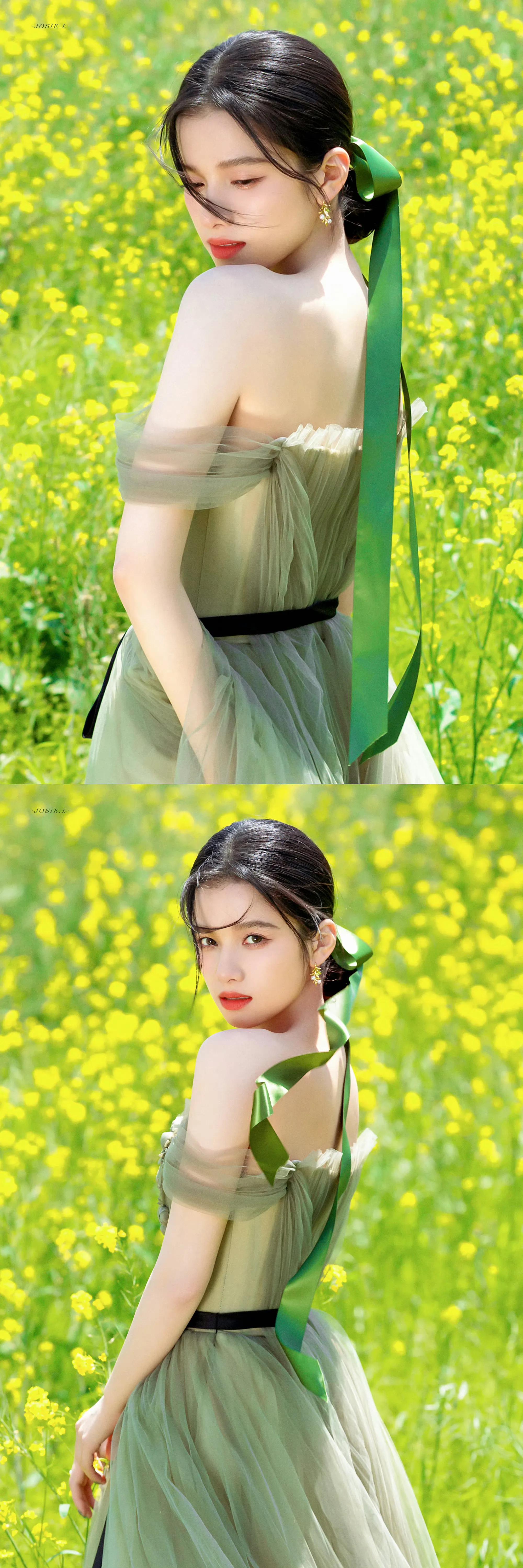 What a princess! Zhang Jingyi's one-shoulder green gauze dress has ...