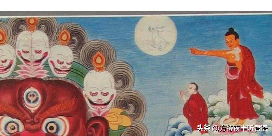 The Bodhisattva holds the new moon in his hand, and there is a rabbit ...