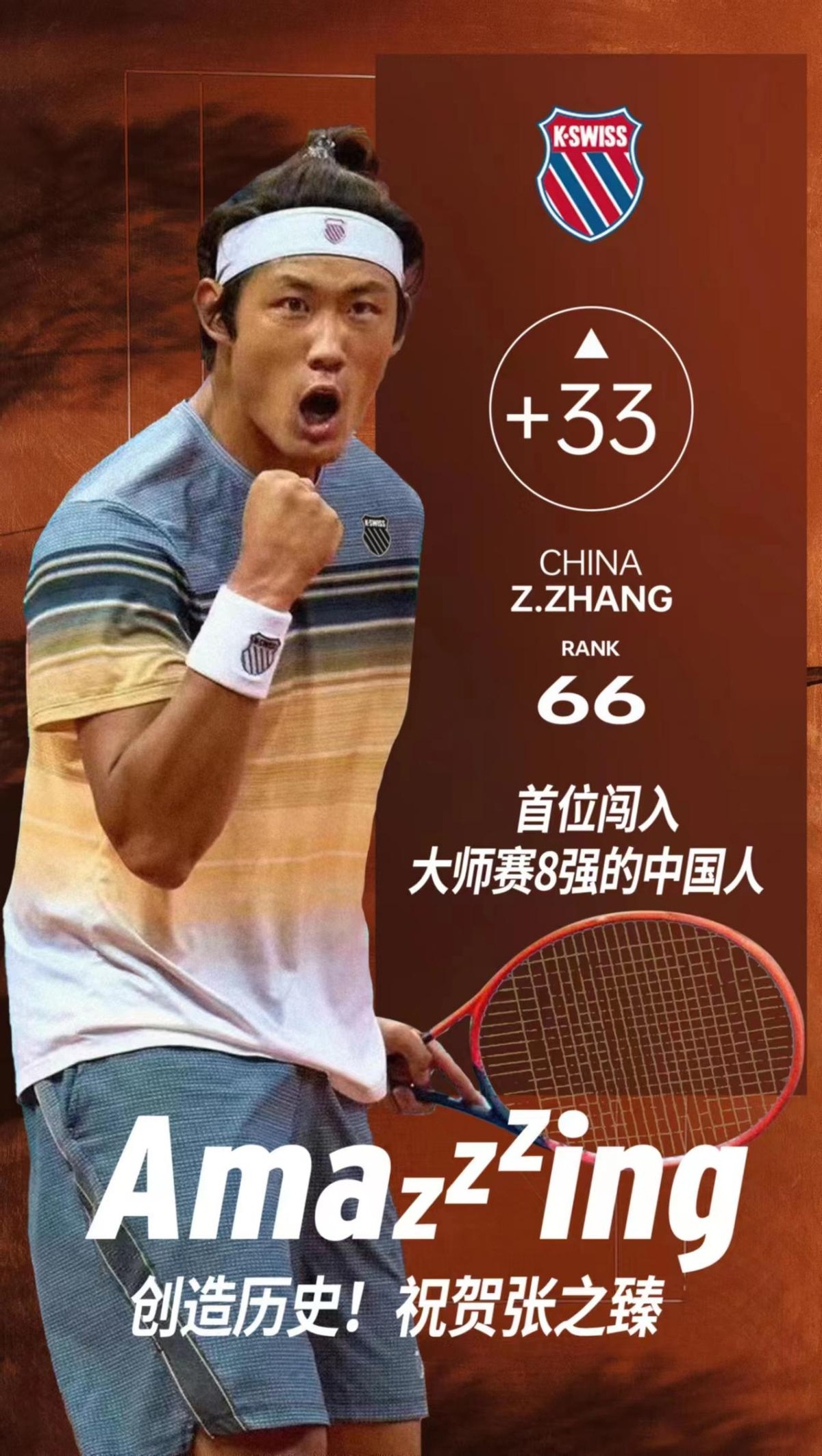 Eliminate the TOP10 players, KSwiss spokesperson Zhang Zhizhen made